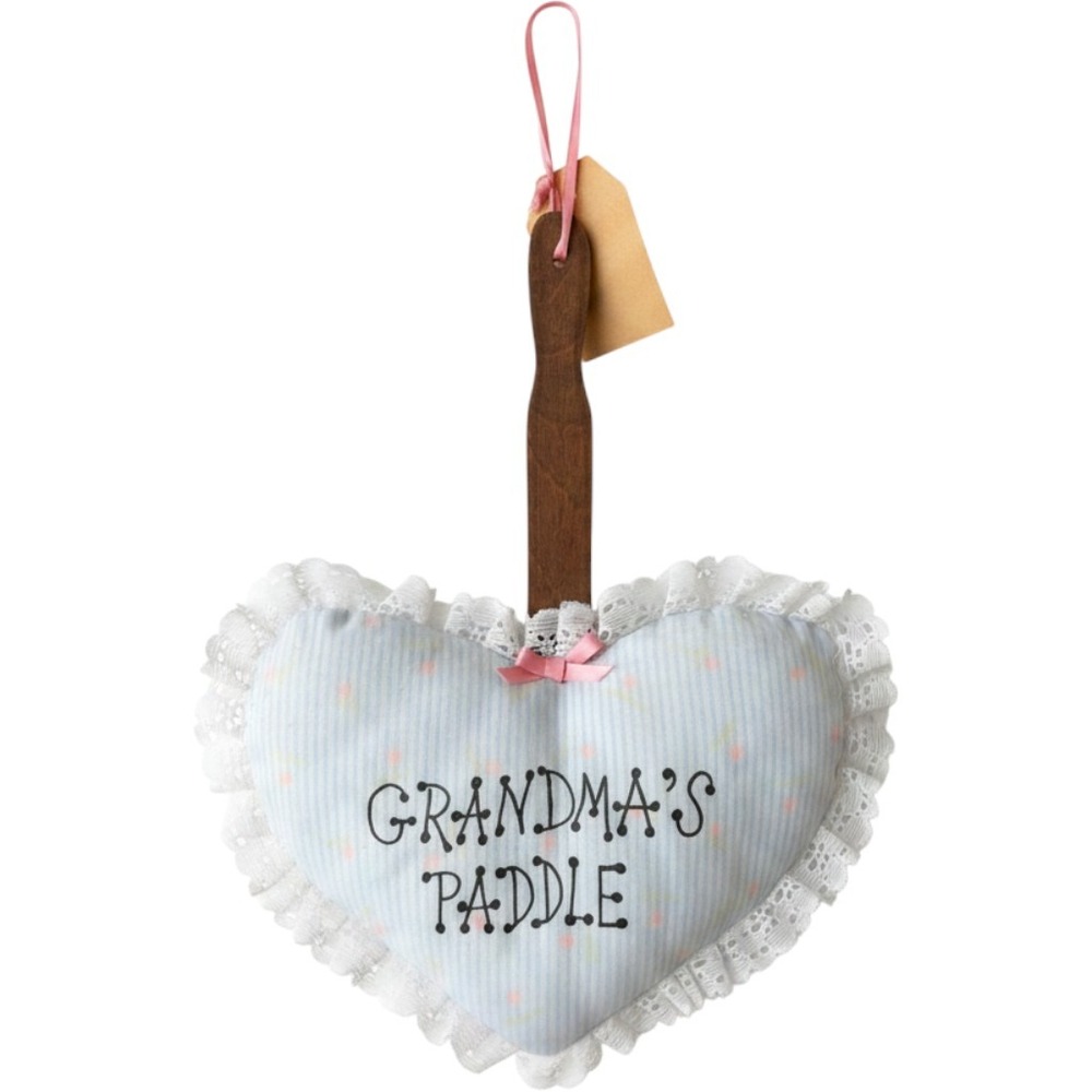 Vintage 1984 Grandmas Paddle Heart Pillow Wood Wall Hanging Blue Floral Lace Tag